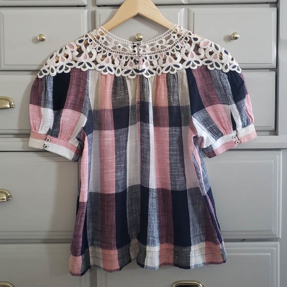 By Anthropologie plaid & lace top size S - Picture 6 of 8